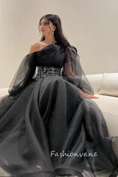 Fashionvane 2024 Customized A-Line One Shoulder Long Bubble sleeves Sequins Floor Length Saudi Formal Prom Dress Luxury Gown