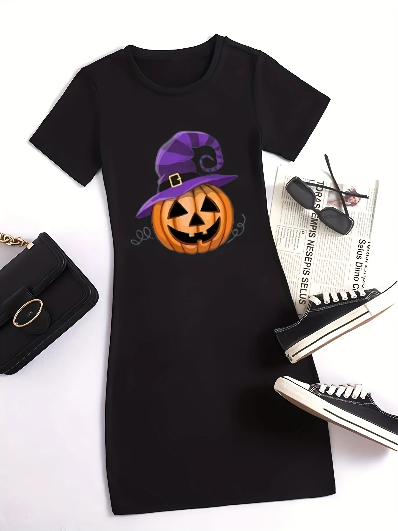 

Облегающее платье с принтом тыквы на Хэллоуин, шикарное платье с короткими рукавами на весну и лето, женская повседневная свободная одежда больших размеров