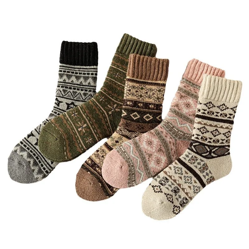 

Vintage Ethnic Knit Thick Cotton Socks Women 2025 Winter Comfort Warm Fluffy Socks 5 Pairs Retro Soft Non Slip Woman's Stockings