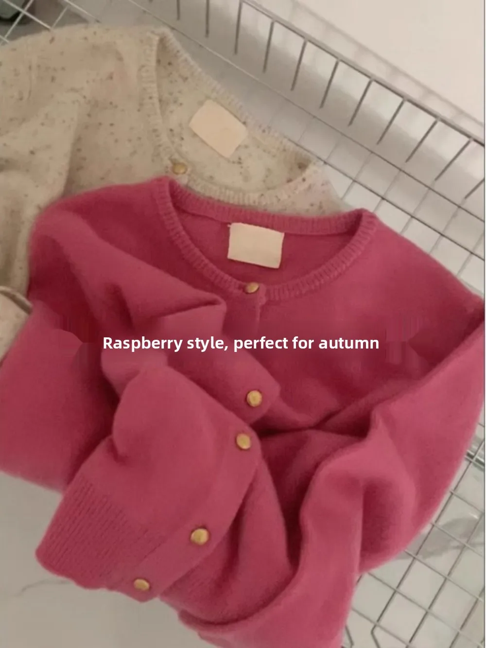 Klein Blue Knitted Sweater Coat Women's Style Golden Buttoned round Neck Open Cardigan Bear Velvet Knitted Top Spring Autumn