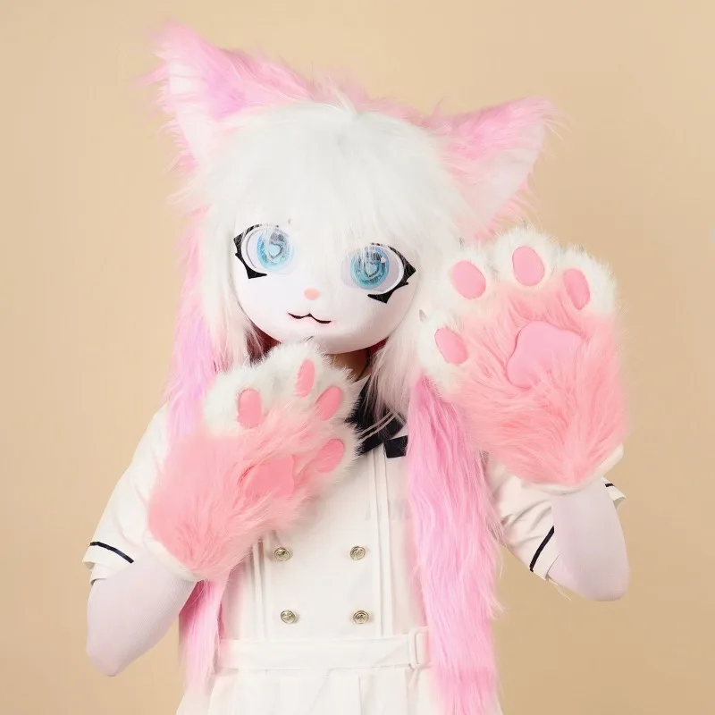 Casque mignon fourrure Kig Cosplay masque patte tête Base Comiket fourrure Fursuit Kigurumi Animal chat lapin poupée bête Costume enfants cadeau