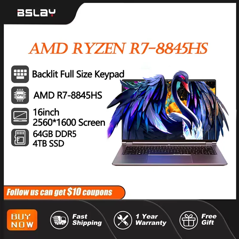 16inch Gaming Laptop AMD R7-8845HS 64GB RAM 4TB SSD HDMI DDR5 Window11 HD Camera 2560*1600 Screen 165Hz Portable Computer