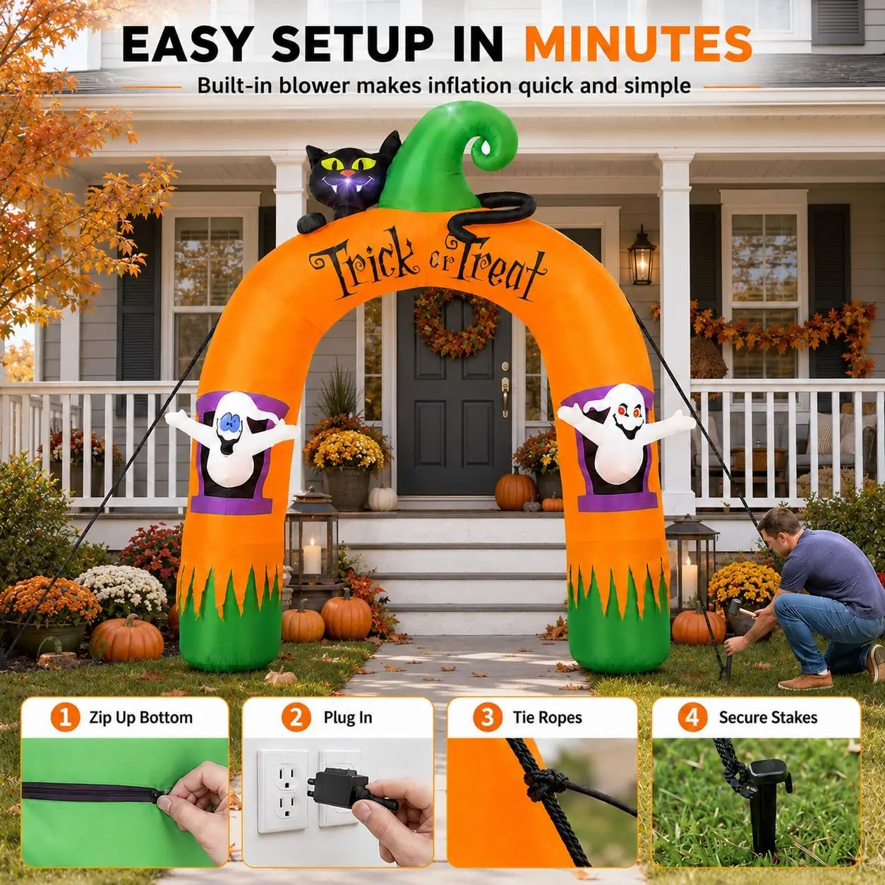 Halloween Inflatable Archway 10Ft with 7 LED Lights, Black Cat & Ghosts Design, Self-Inflating, Weather-Resistant, Foldable Outdoor Yard Decor, Bright Nighttime Glow, Easy Setup, Ideal Lighted Trick-or-Treat Entrance view 6