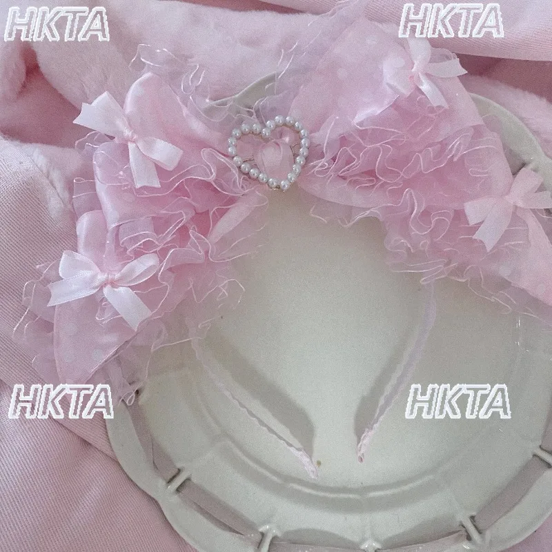 

Lolita Original Handmade Pink Polka Dot Big Bows Kc Headband Side Clip Lolita Candy Tribe Girl Headband Headwear Women Hair Bows