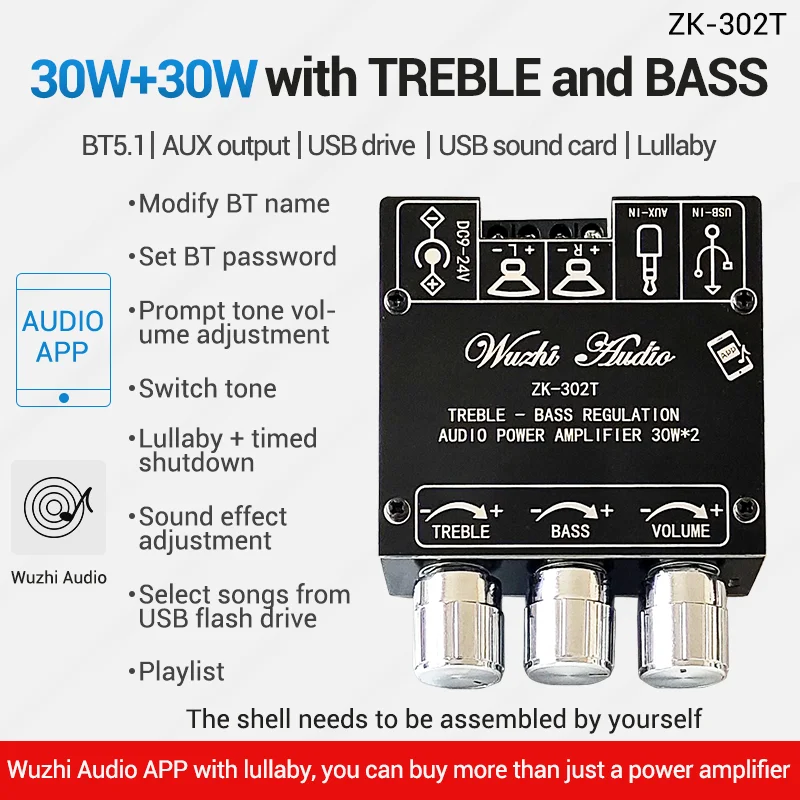 Mini Bluetooth 5.1 DC 9-24V Audio Digital Power Amplifier Board Module 2.1 Channel 2.0 Stereo Dual Channel 30W*2 15W*2+30W