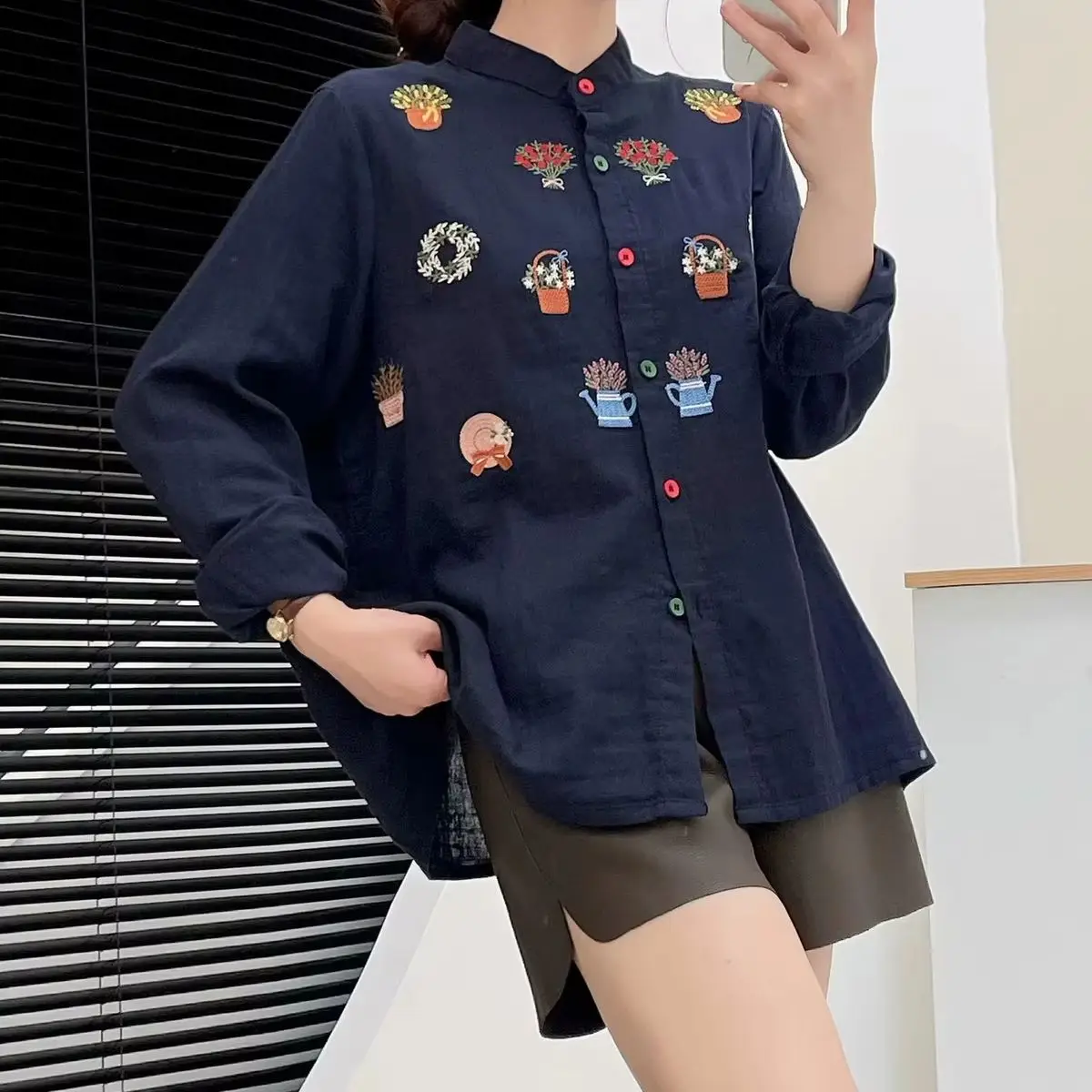 Mori kei clothing Japan style vintage stand collar cartoon flowers embroider shirts women's top long sleeve blouses cute clothes