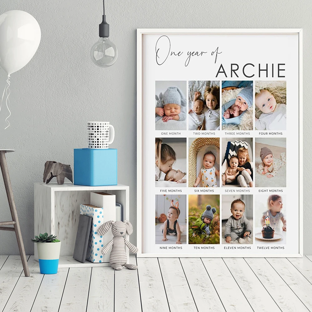 Baby\'s First Year Poster Template Modern 1st Birthday Photo Collage Sign Editable Year In Pictures Board Personalized Custom Gif