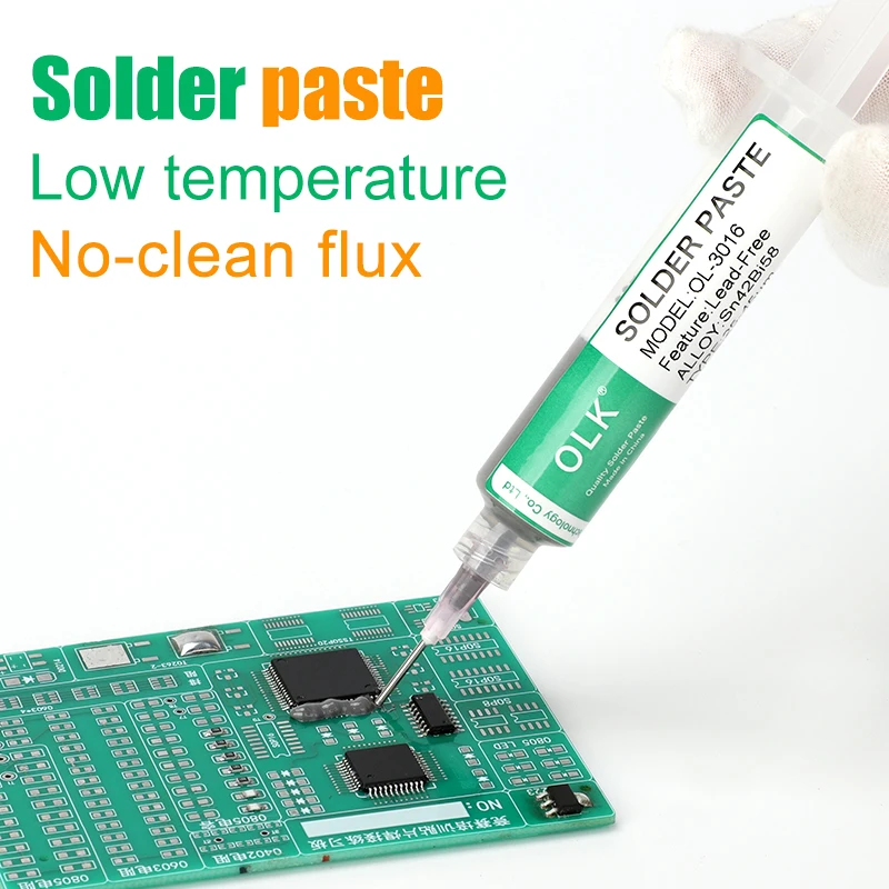 OLK-pasta de soldadura de baja temperatura, jeringa sin plomo, No limpia, para reparación de Iphone, Led, Sn42bi58, 138 ℃, Smd, 30/50g