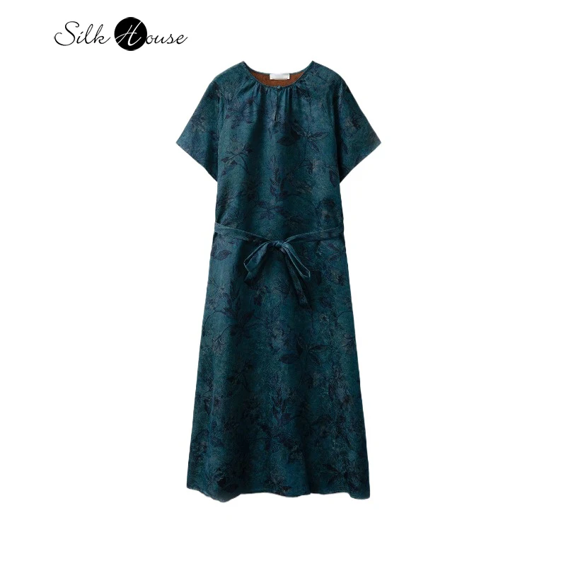 

2025 Women's Fashion Early Autumn New 100% Natural Mulberry Silk Fragrant Cloud Yarn Round Neck Short Sleeve Blue Printed Dress