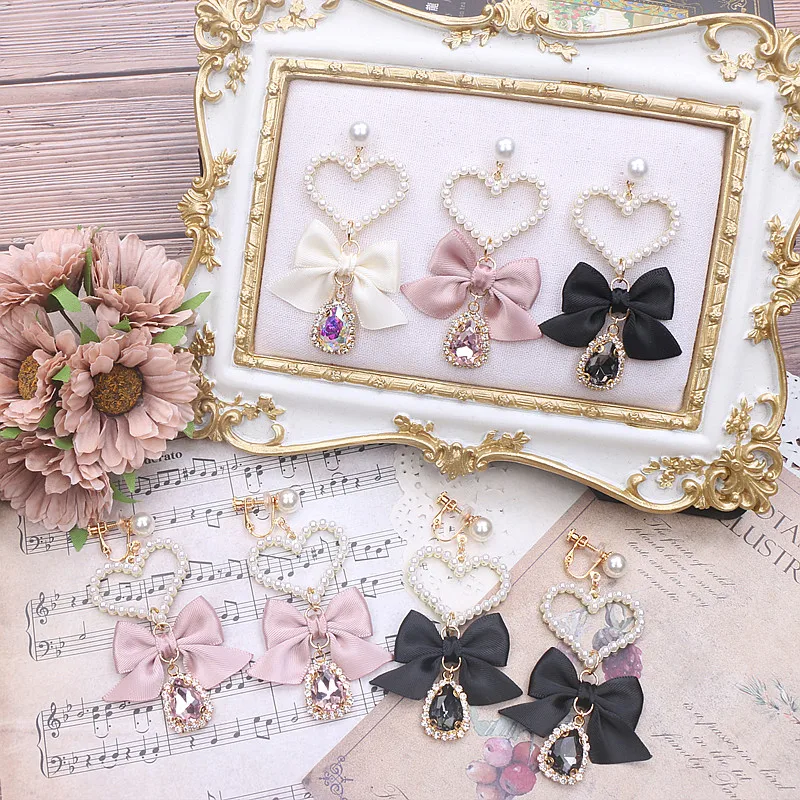 Lolita Accessories White Black Pink Bow Water Drop Faux Pearls Earings Rhinestone Pendant Heart Pearl Earrings Y2K Girl's Gift