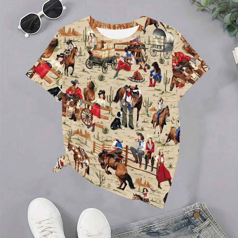 

Women's Beige Denim Horse Print T-shirt - Summer Casual Fashion Western Retro Round Neck Short Sleeve
