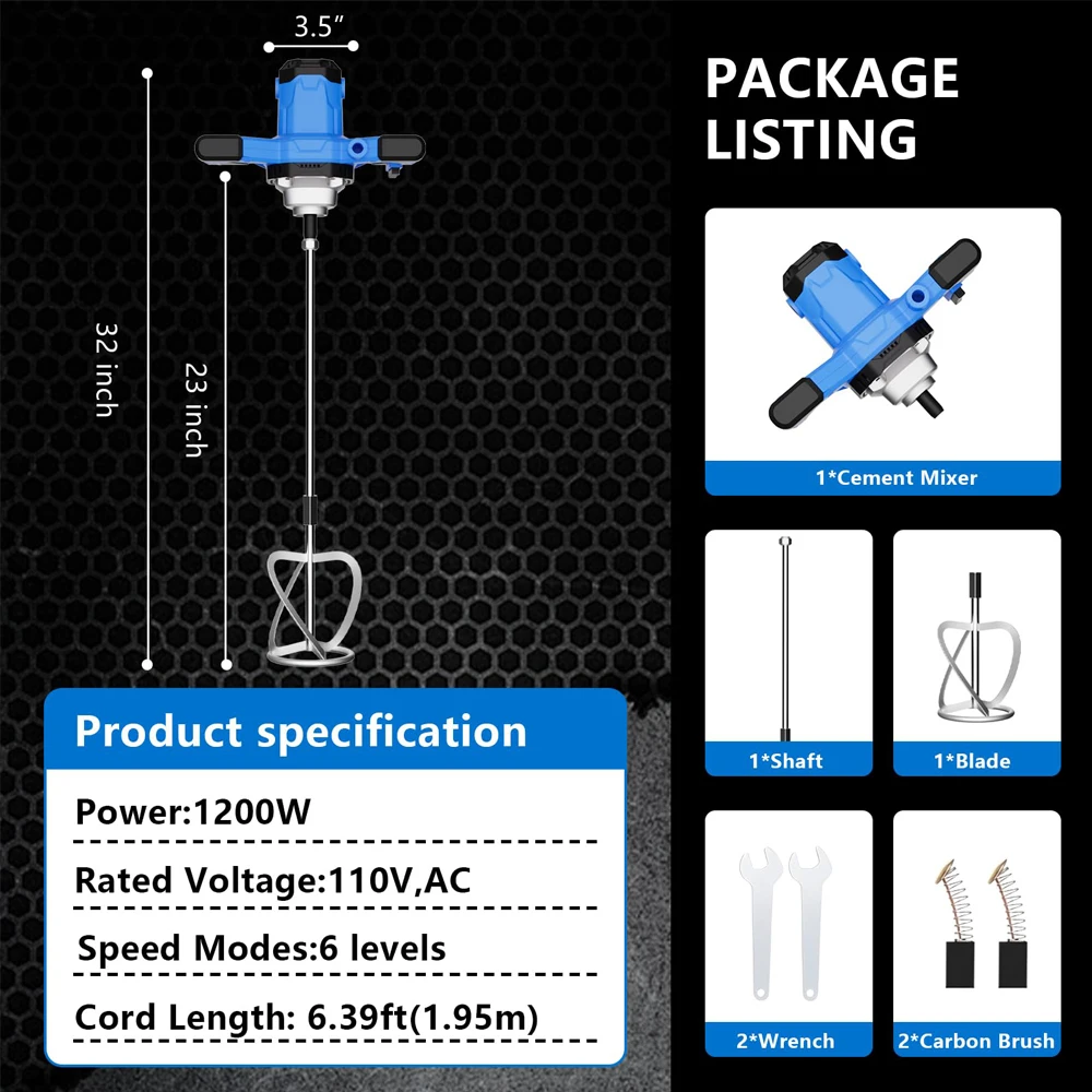Powerful Handheld Electric Concrete Mixer Portable Mortar Mixer 6-Speed Adjust Corded Mixing Machine For Cement,Paint,Mud,Mortar