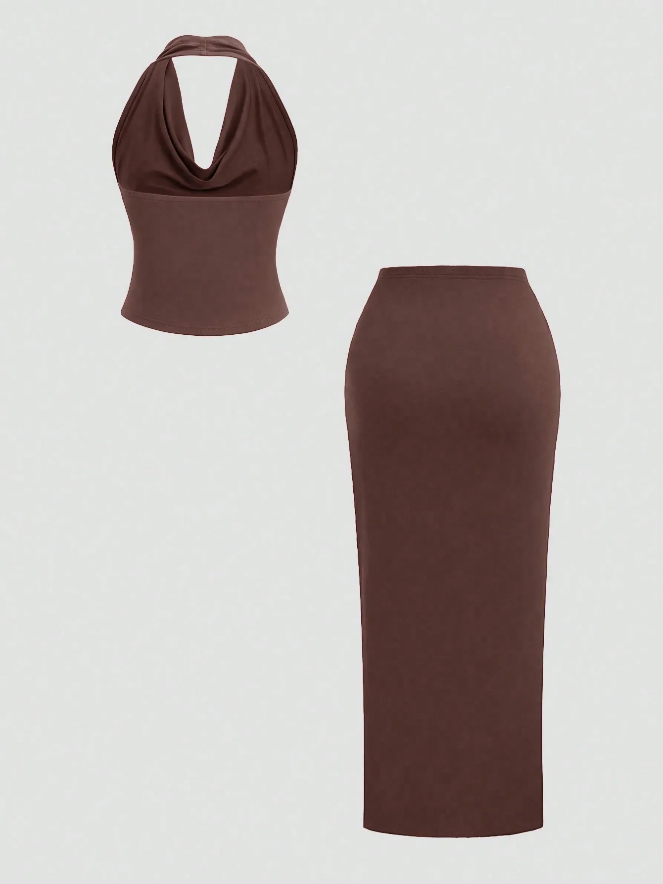 New Fashionable and Elegant Hanging Neck Top+Split Simple Solid Half Skirt Set image 2