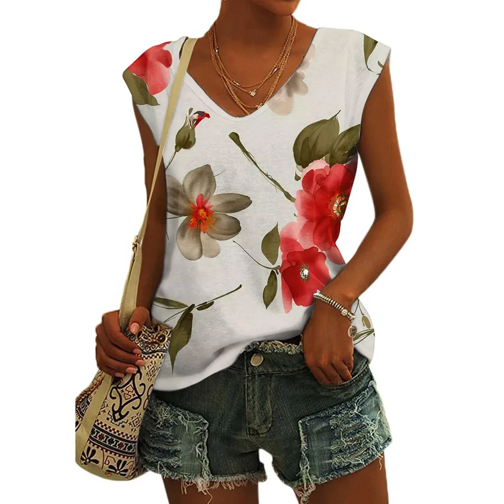 

Женская одежда, летние топы с короткими рукавами и v-образным вырезом, топы на бретелях с принтом листьев, женские свободные спортивные майки для фитнеса, уличная футболка, жилет