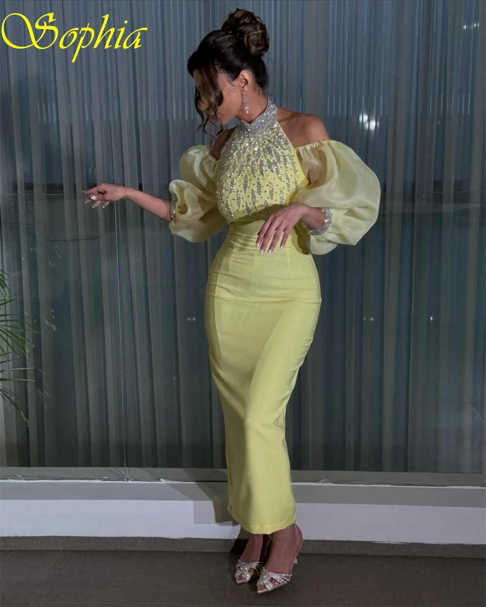 Robe de soirée en Jersey jaune, personnalisée, élégante, col licou, manches courtes, robe de soirée classique, style sirène, dos à lacets, robes de bal