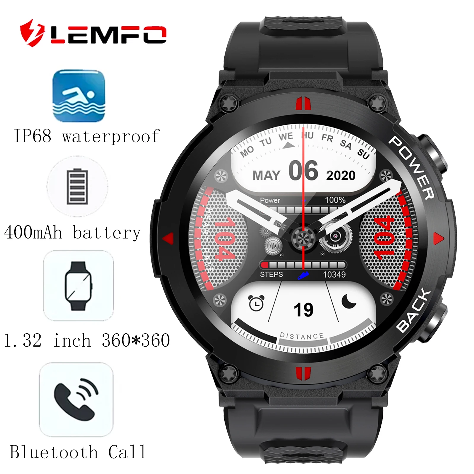 Go! LEMFO smart watch men IP68 waterproof 380mah sports watches Bluetooth Call Fitness smartwatch 2023 1.32 inch 360*360 LCD PK