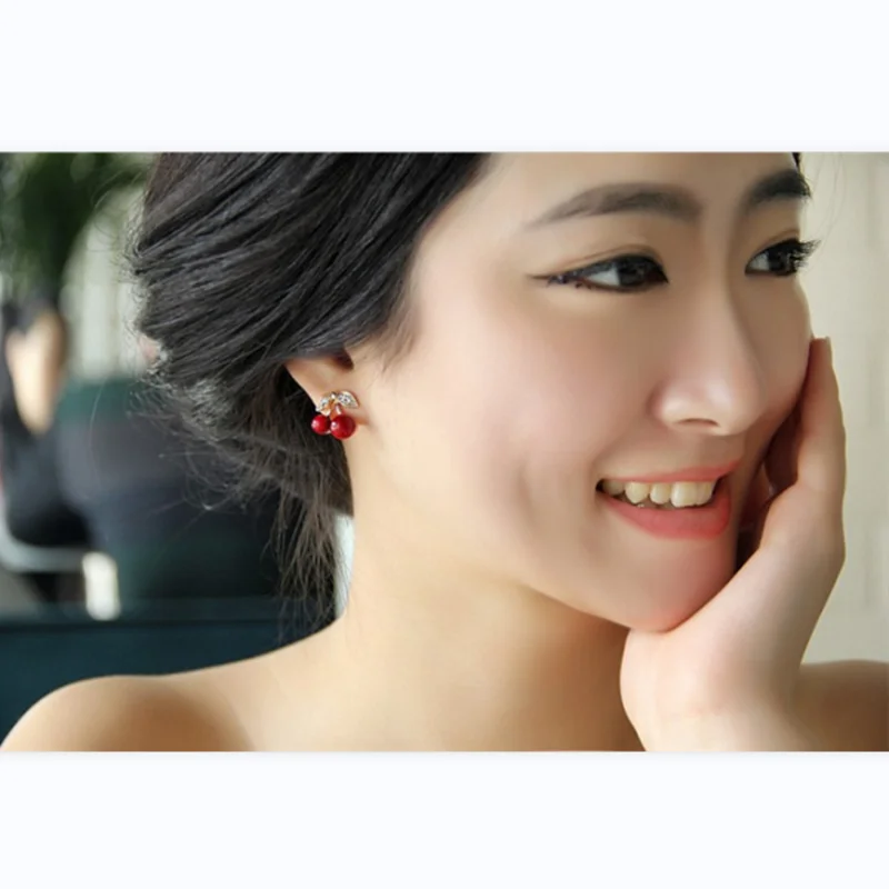 Fashion Cherries Earrings Sweet Crystal Earring Red Style Metal Stud Leaf Earrings For Women Jewelry wholesale