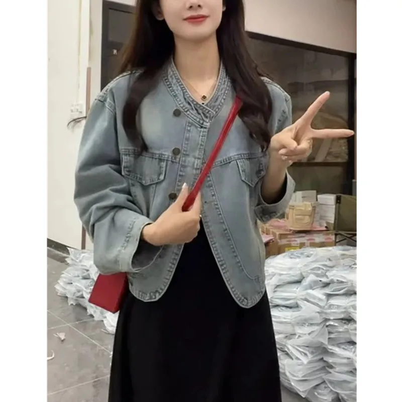 2025 الربيع والخريف جديد Vintage الدنيم سترة المرأة موضة س الرقبة طويلة الأكمام فضفاضة جينز غير رسمي معطف الإناث الملابس T1205