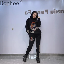Knitted Hooded Two-piece Set 2025 New Spring Cartoon Diamonds Loose Sweater Pullover Top + Casual Harem Pants Knitting Suits