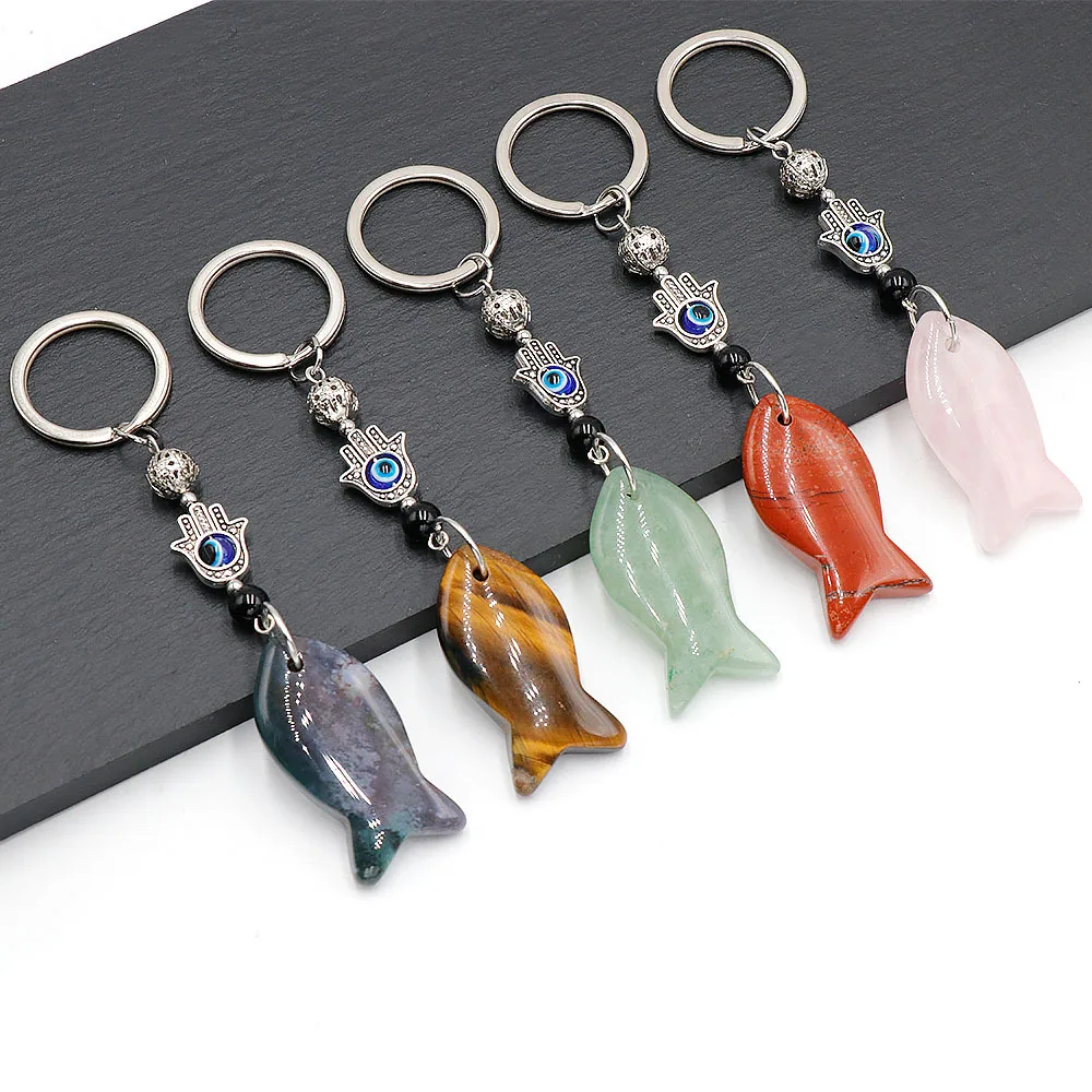 Natural Cute Fish Shape Crystal Agate Keychain Evil Eye Hand Keyring Amethyst Tiger Eye Stone Backpack Handbag Charms Pendant