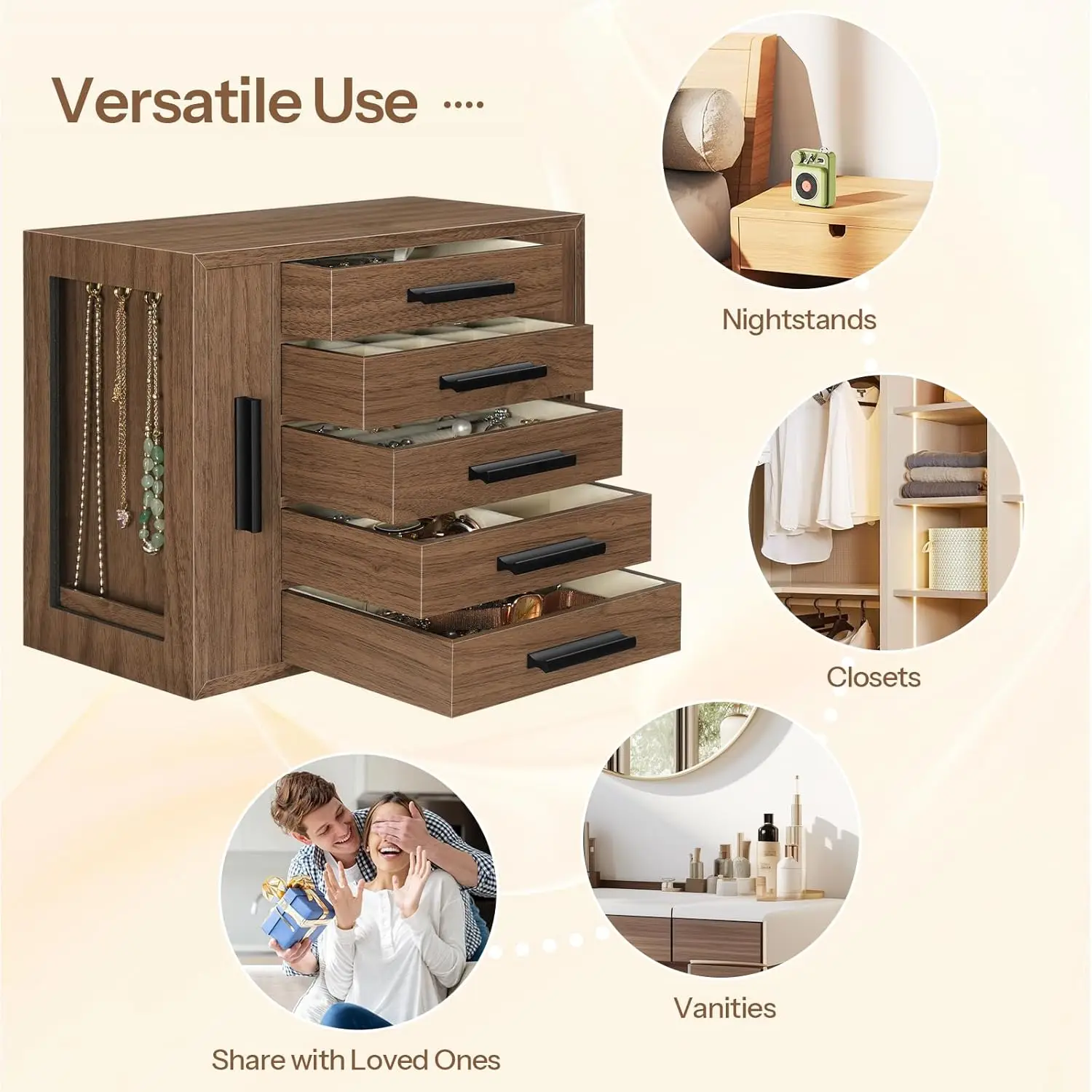 صندوق مجوهرات مكون من 5 طبقات، منظم مجوهرات خشبي بنوافذ شفافة، صندوق تخزين المجوهرات مع درجين عموديين #6