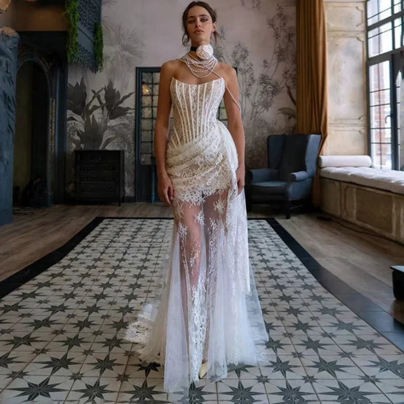 

Luxury Lace Strapless Evening Dress Woman Sexy See Through Fishbones Maxi Dress Elegant Slim Female Fashion Party Dress