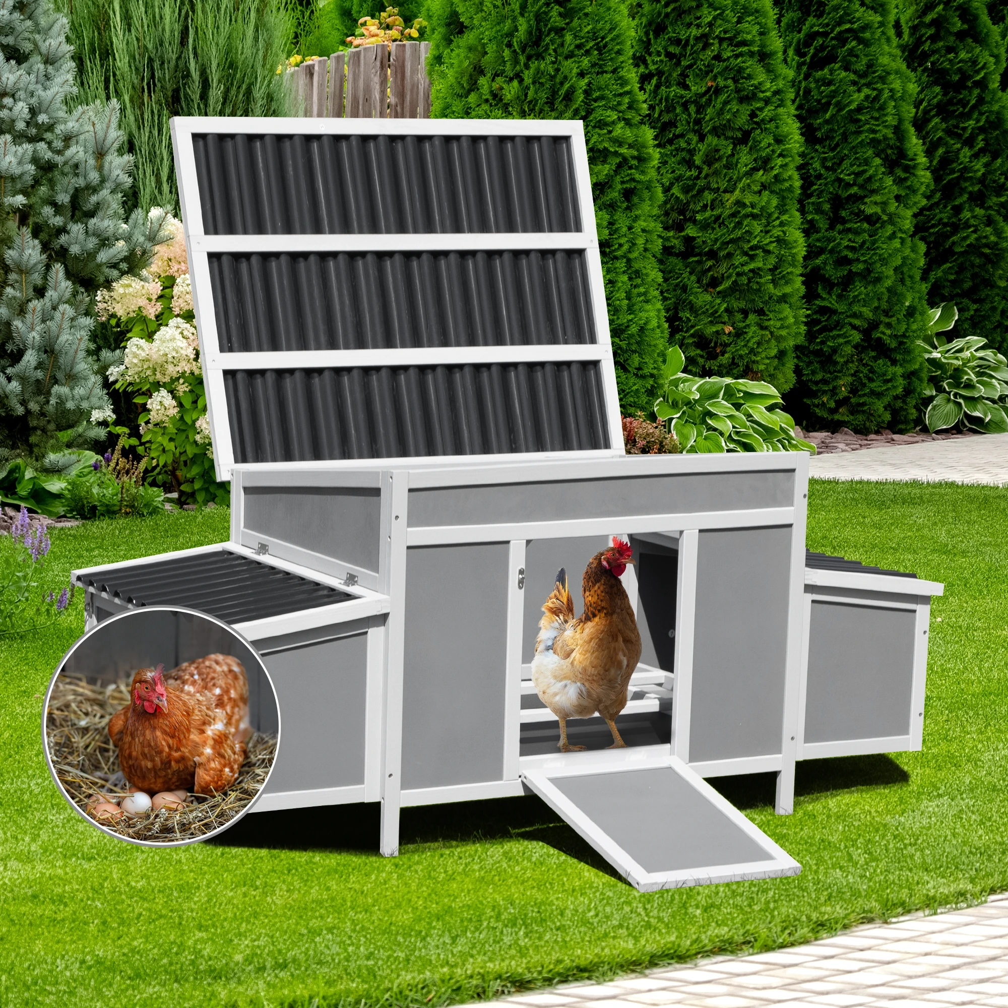 Weatherproof Wood Chicken Coop with Nesting Boxes, Indoor Outdoor, Gray