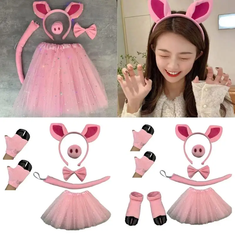 39BD Pig Costume Set Pig Ear Nose Tail Bows Tutus Animal Fancy Costume Accessories Halloween Cosplay Costumes Gift