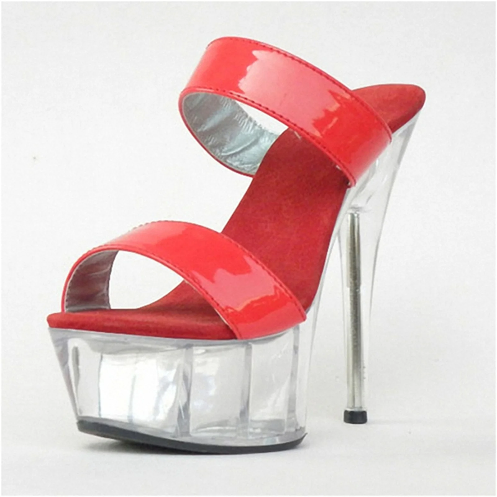 

​Modern Statement Heels 15CM, Red Glossy Mules with Crystal Platform, Chic Night Out Party Shoes​