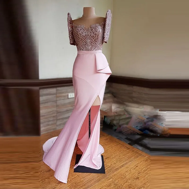 

Pink High Split Long Skirts Satin Mermaid Lady Skirts Women Formal Wear Trumpet Party Gowns Floor Length Ruffles Girls Skirt