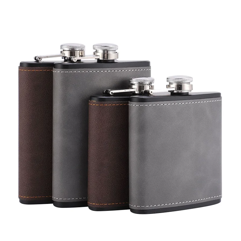 Frasco de cadera portátil de 6/8oz, frasco de acero inoxidable cubierto de cuero marrón para frascos de whisky con Alcohol, regalo para hombre