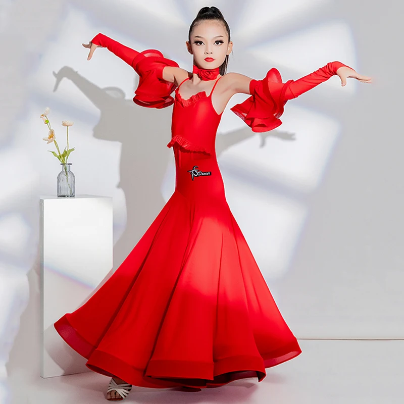 2024 Girls Ballroom Dance Competition Dress Red Performance Costume Kids Waltz Dance ClothesProm Latin Dress Stage Wear BL12184