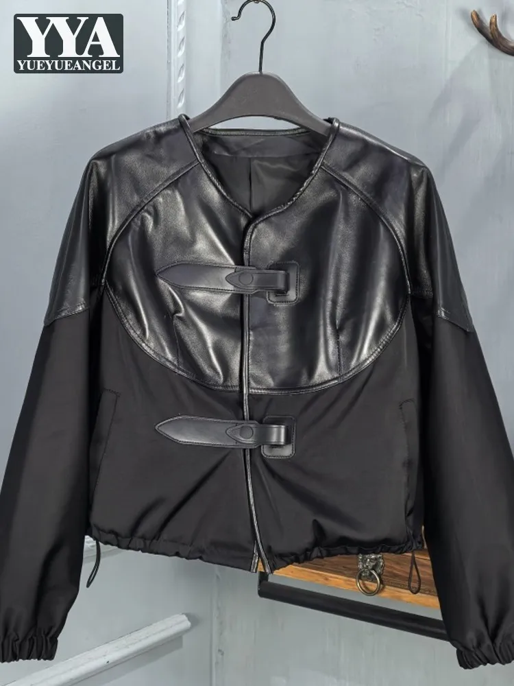 Hot Sale Women Korean New Style Genuine Leather Splicing Short Jacket O-Neck Two Button Casual Loose Fit Coat Fashion Outerwear