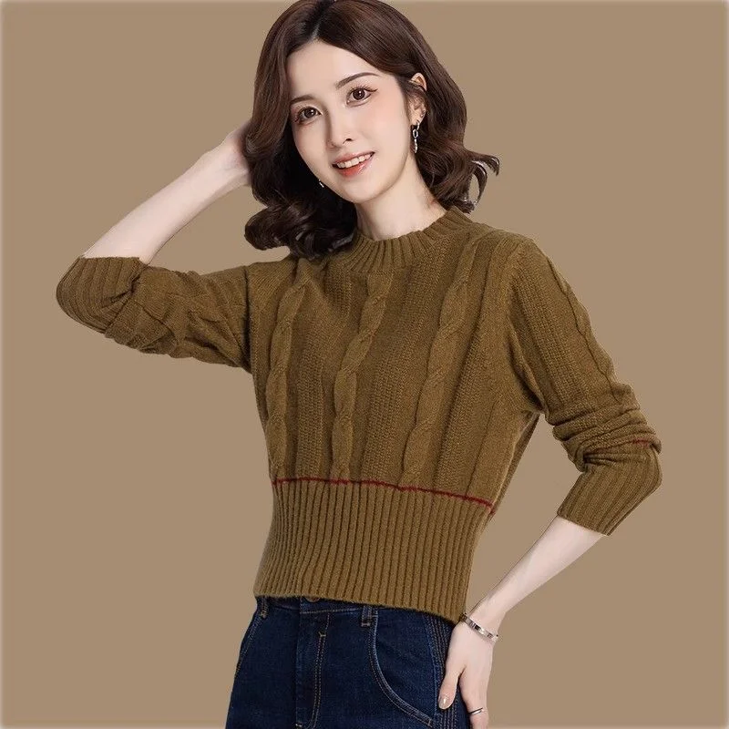 

Women's Sweater Knitted Autumn and Winter New Spliced round Neck Solid Color Slim High Waist Fashionable Bottoming Shirt