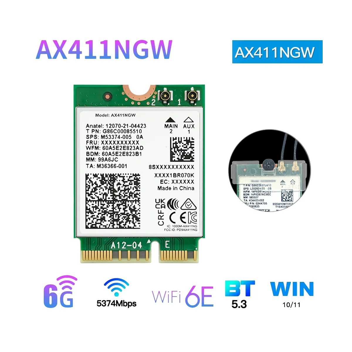 For AX411 WiFi Card WiFi 6E CNVio2 Bluetooth 5.3 -Band 5374Mbps Network Adapter for Laptop/PC Win10/11-64Bit