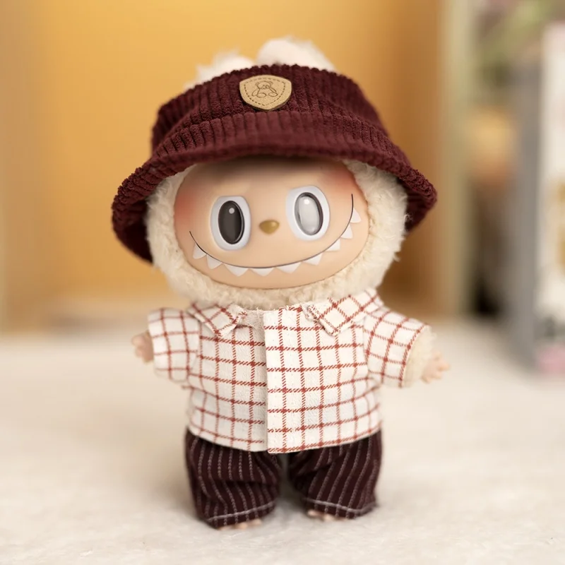 Labubu 17cm I Ii Mini Fashion Plaid Slacks Corduroy Hat Suits Series Cute Doll Clothes Sitting Party Clothing Accessories Gift