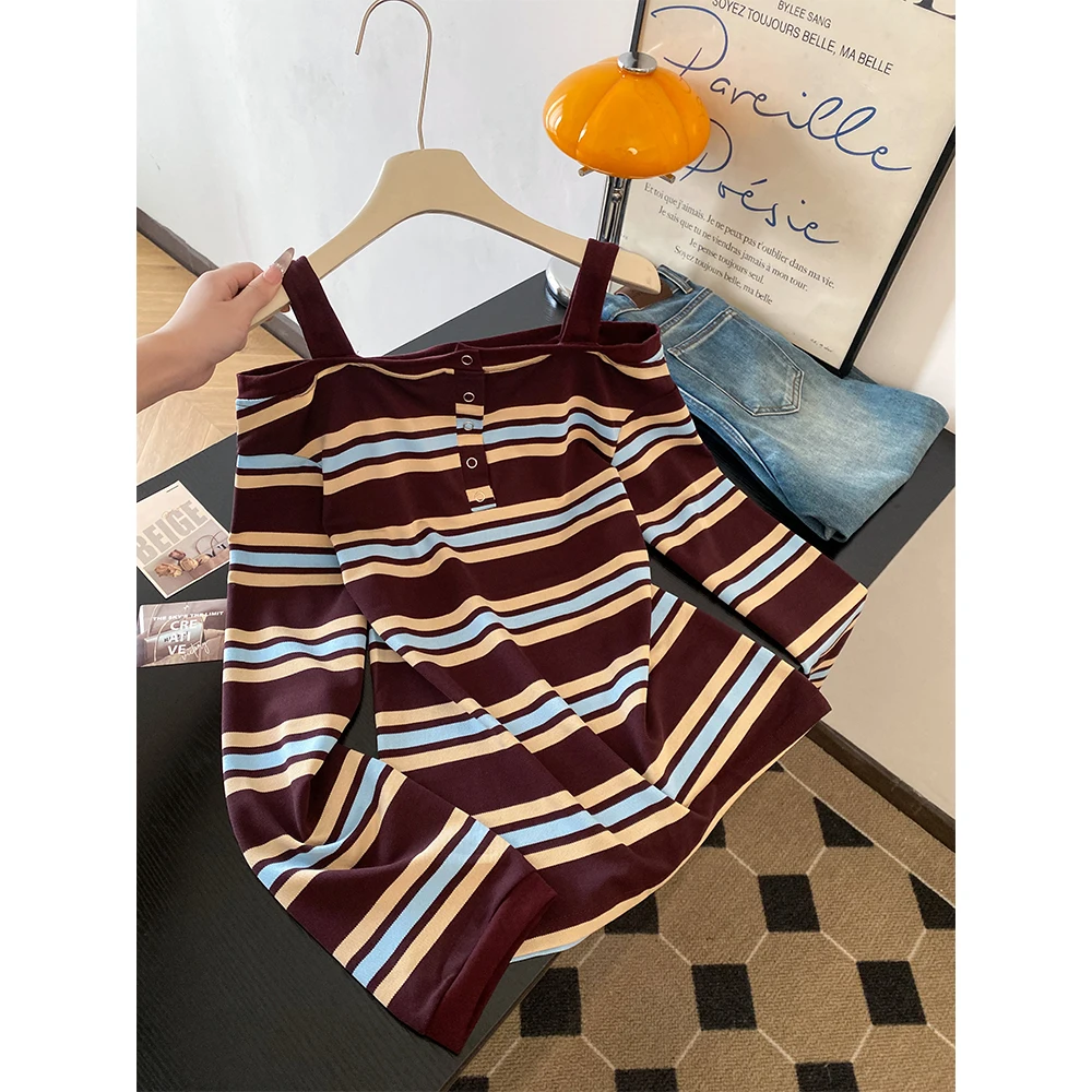 Women Brown Striped T-shirt Harajuku Y2k Gyaru Tee Top 90s Aesthetic Vintage Long Sleeve Off Shoulder T-shirts 2000s Autumn 2025
