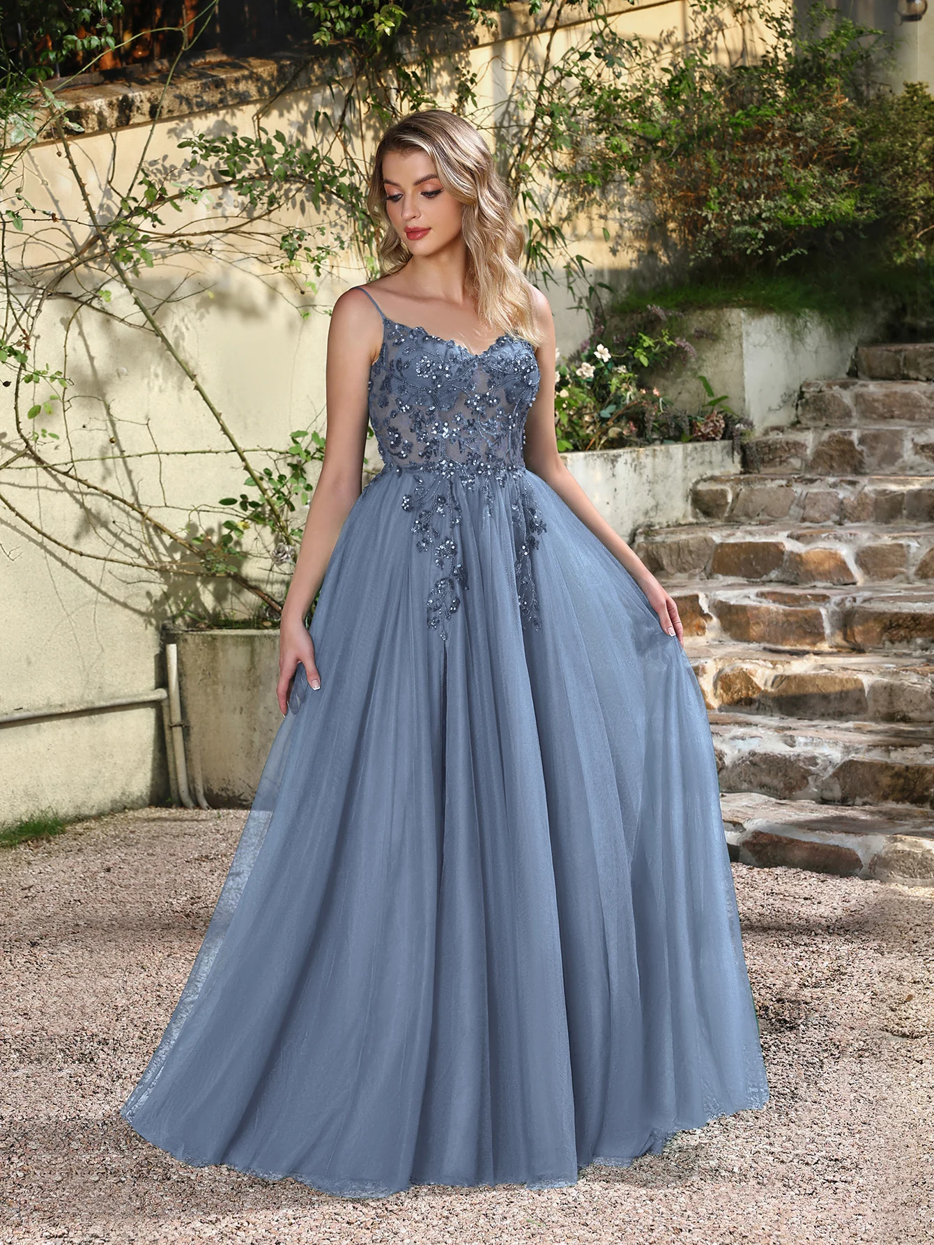 

Women's Summer Sling Dresses Sexy Illusion Sequins Appliques V-Collar Backless Spaghetti Straps Long Dress A-Line Maxi/Mini Gown