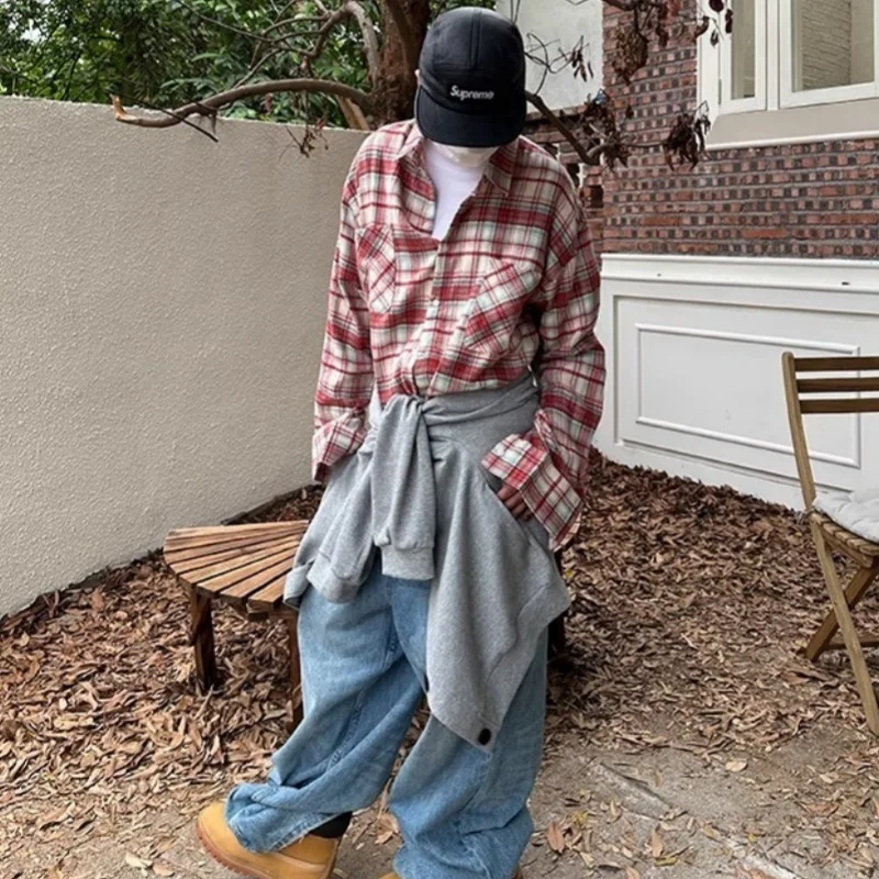 Breathable Long Sleeve Plaid Shirt Korean Style Loose Unisex Beach Coverup Summer Spring Vacation Outfit Sun Protection Daily