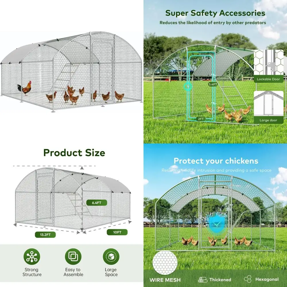 

Walk-in Metal Chicken Coop with Waterproof UV-Protected Cover for Outdoor Poultry, Rabbit, and Duck Housing with Roosting Area