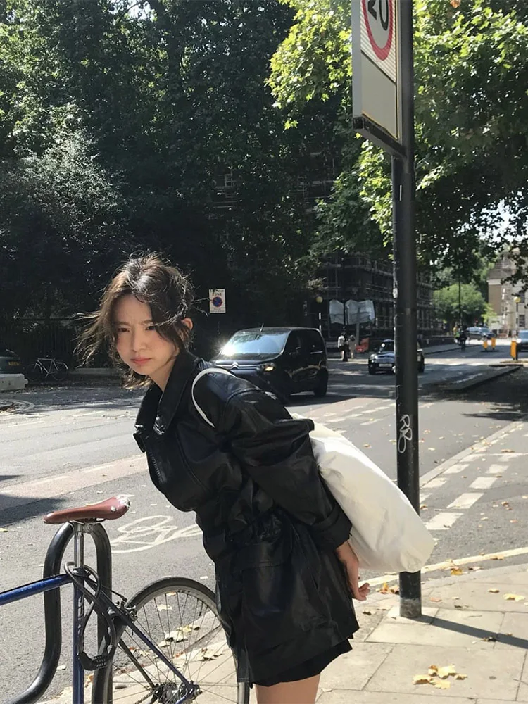 

Bla Long Waist-Cinching Leather Jaet Barnnt2025 Spring Collection Women's Faion Commute Sle PU Material Zipper Closure