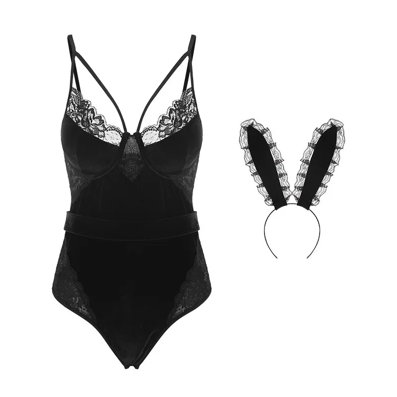 BXASexy Cute Bunny Desire, бархатный цельный униформа с открытым крючком и открытым промежностью, женский костюм