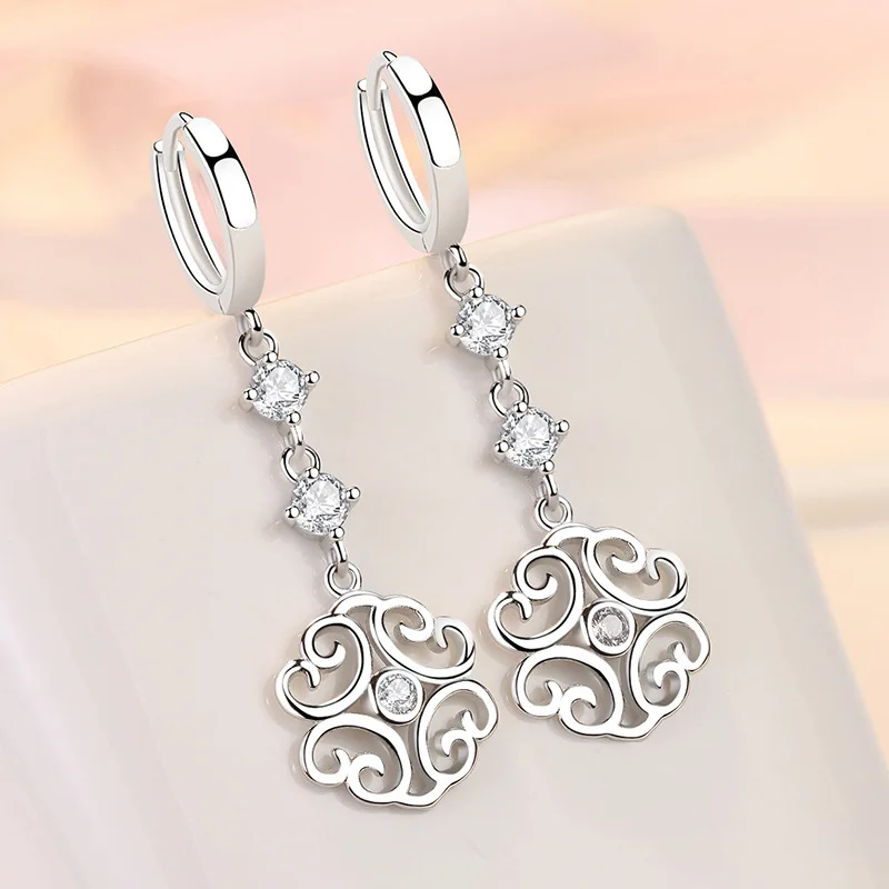 KOFSAC Vintage Fashion Zircon Women's Earrings Long Style Elegant Earrings with Auspicious Clouds 925 Sterling Silver Jewelry