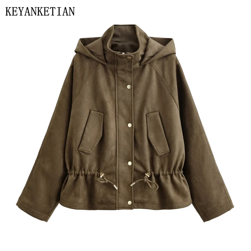 KEYANKETIAN Hooded High Neck Single Breasted Flip Cover Decorative Drawstring Waist Cinched Suede Jacket Women Casual Coat