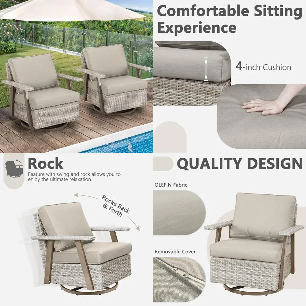 

«Набор мебели для патио из 2 предметов с большими вращающимися стульями, вращающимися стульями-качалки коричневого и темно-серого цвета»