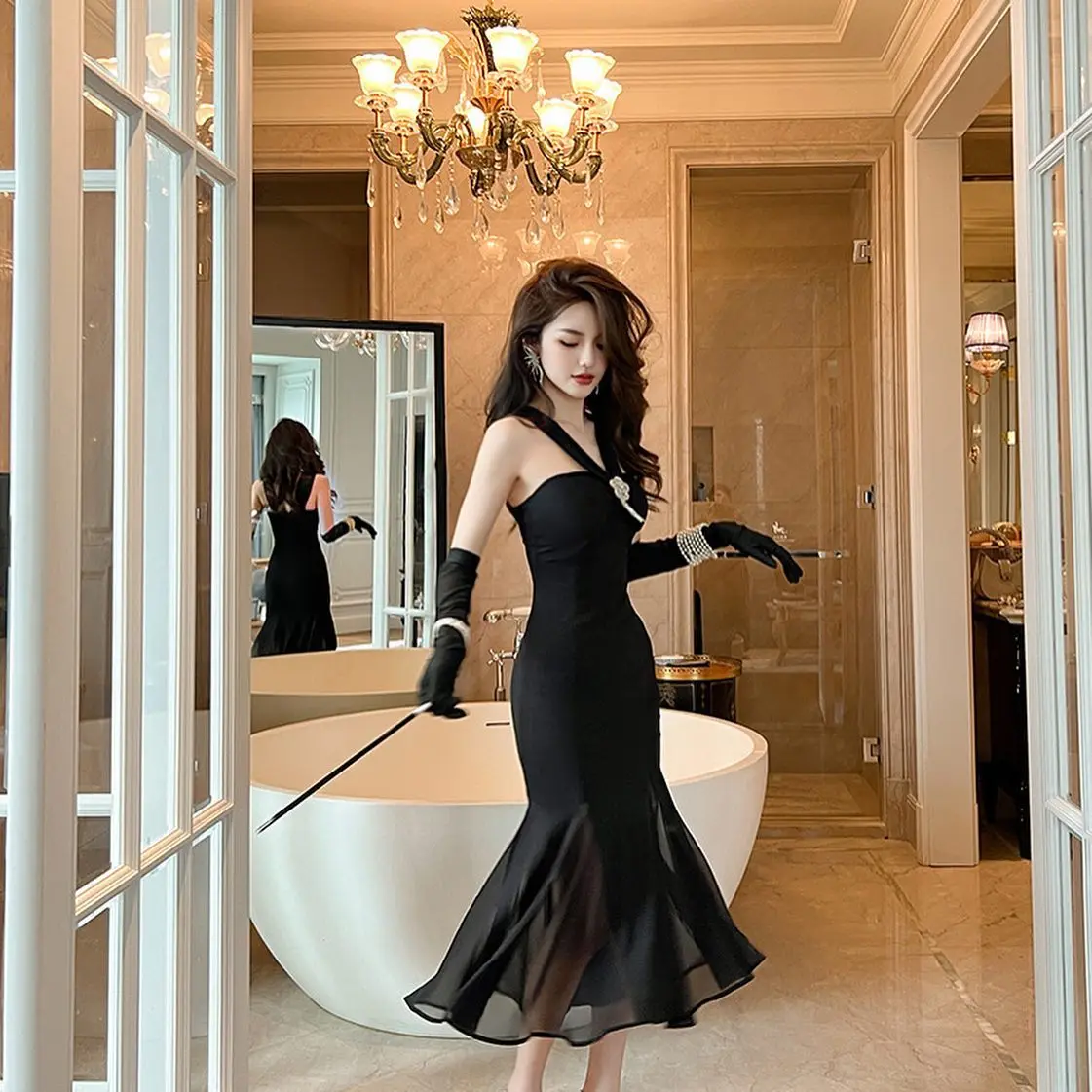 

Customized Sexy Jersey Mermaid Crystal Detachable Sleeve Evening Dress Delicate Sleeveless Strapless Bespoke Occasion Gowns