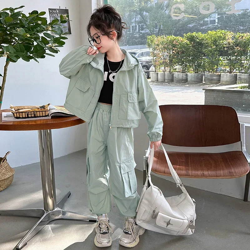 2025 الخريف الشتاء المراهقين الاطفال فتاة الأطفال مجموعة القماش المحاصيل سترة فضفاضة مقنعين + السراويل البضائع 4 8 9 10 11 12 14 15 سنة #5