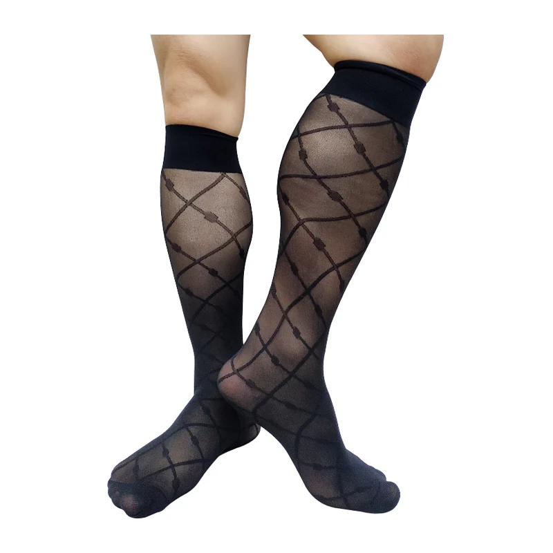 

Thin Sheer Men Knee High Socks Black See Through Formal Dress Suit Socks Long Tube Hose Sexy Male Stocking Softy Comfortable