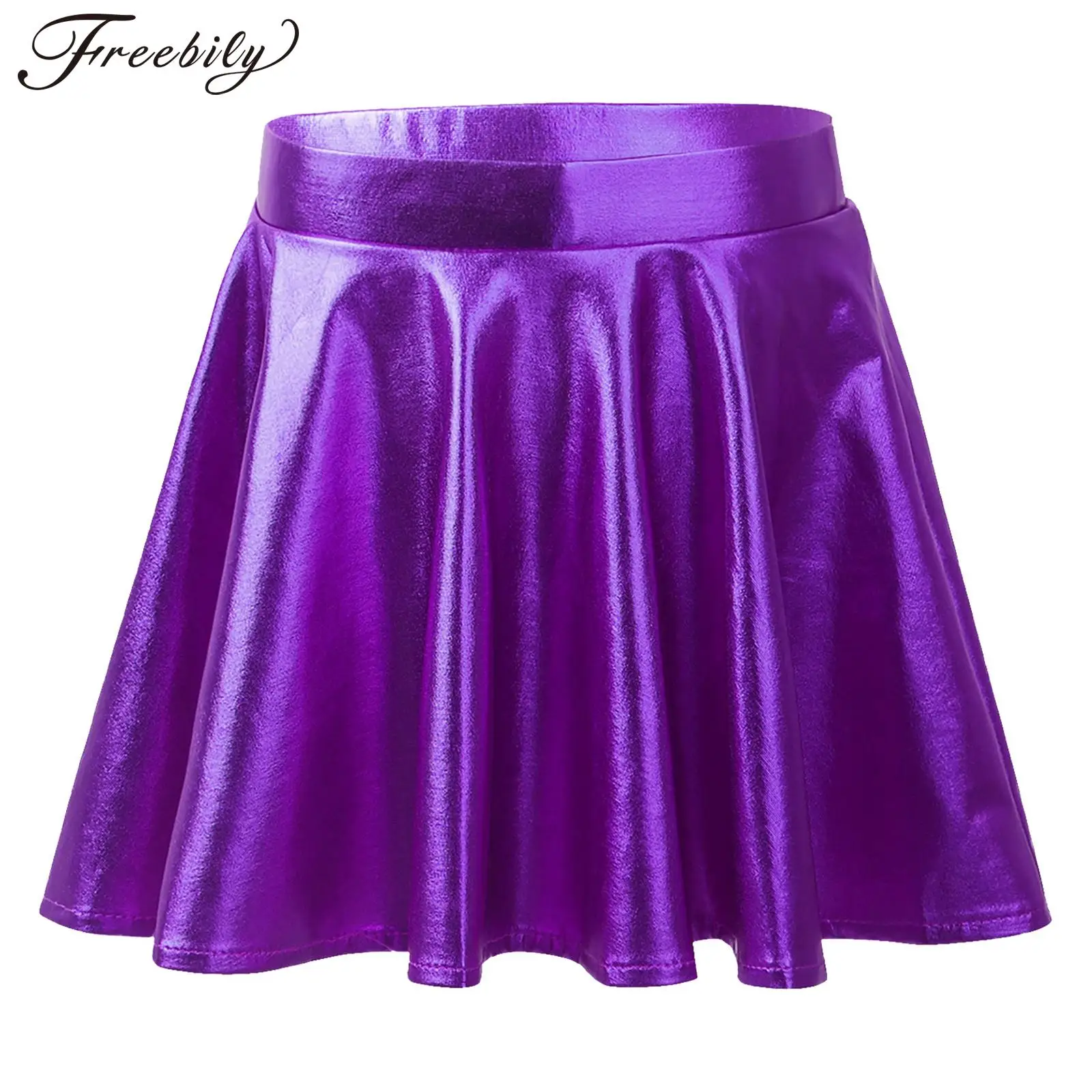 Kid Girls Shiny Metallic Skater Skirt with Built-in Shorts High Waisted Holographic Pleated Skirt for Ballet Dance Party Costume