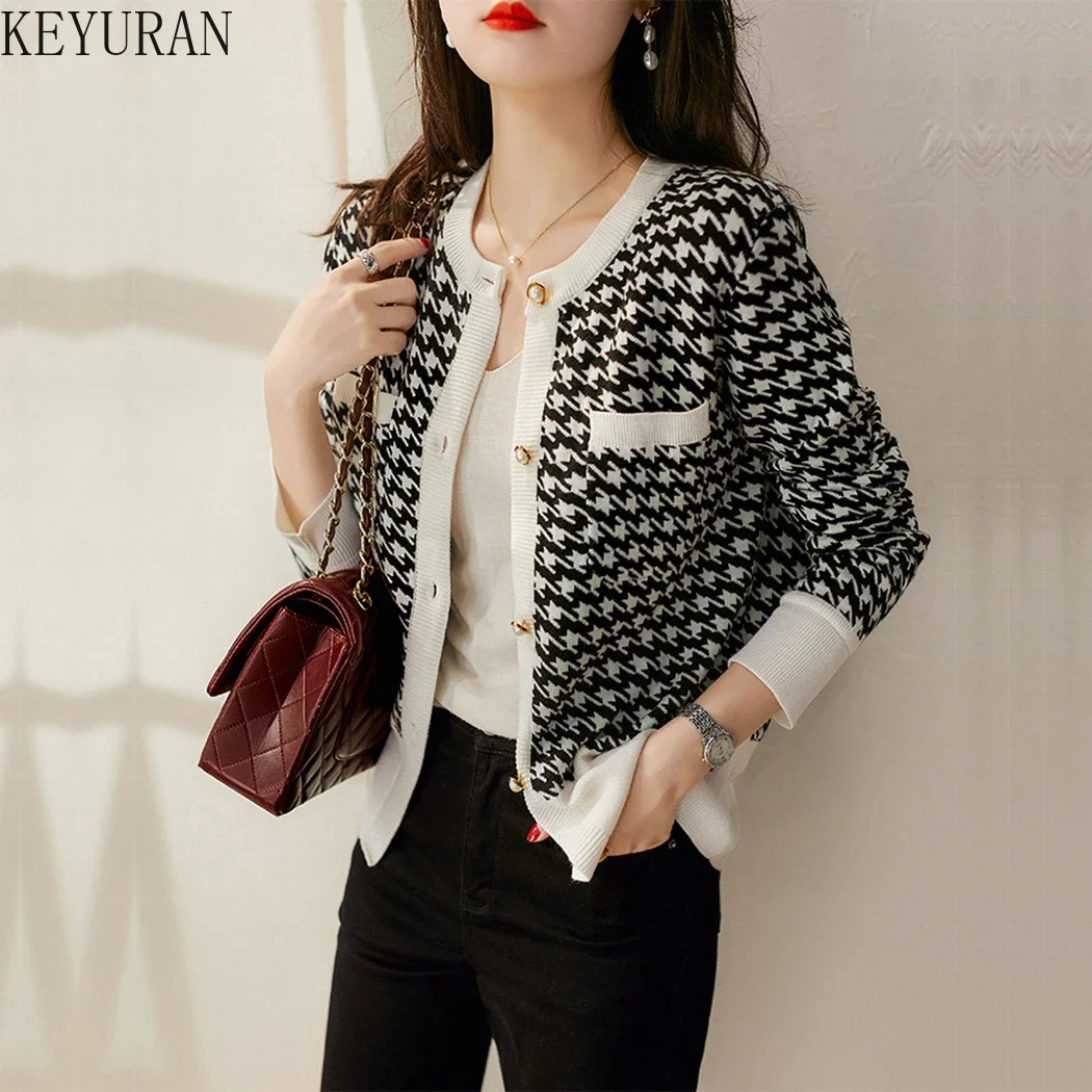 Houndstooth Cardigans Women Crop Top Sweater 2023 Autumn Vintage Long Sleeve Knitted Cardigan Woman Black Sweaters Jumper